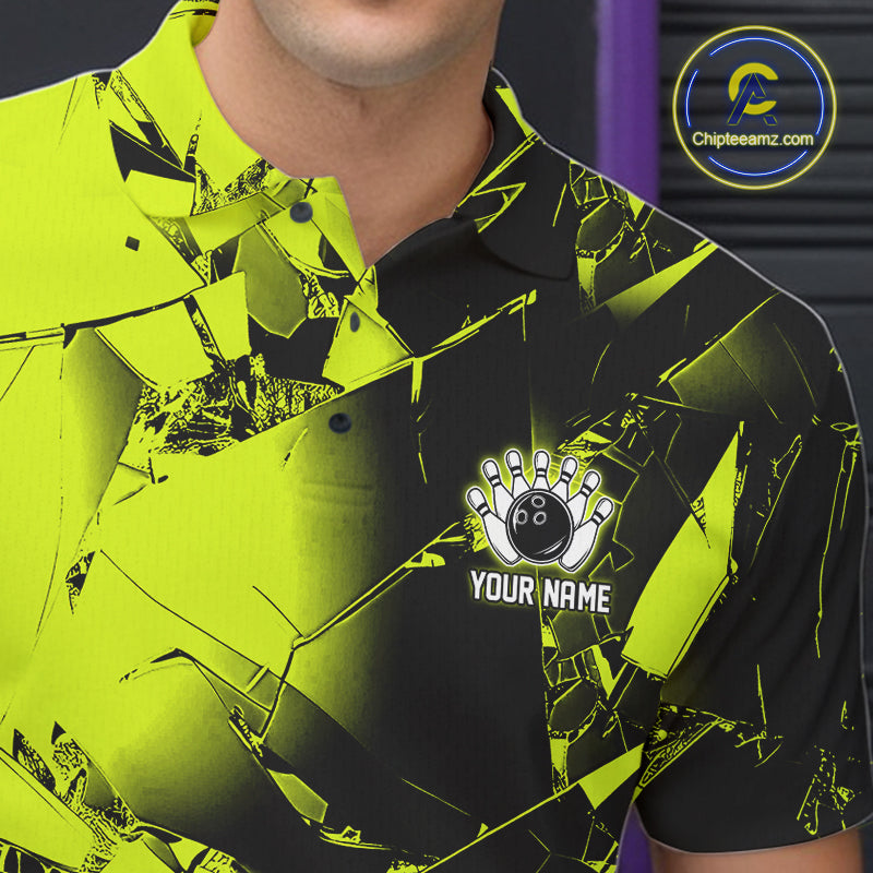 Custom Broken Glass Black and Green Neon Bowling Shirts For Men, Bowling Team League Jerseys NQS11174