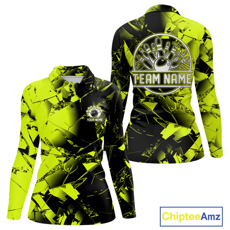 Custom Broken Glass Black and Green Neon Bowling Shirts For Women, Bowling Team League Jerseys NQS11174