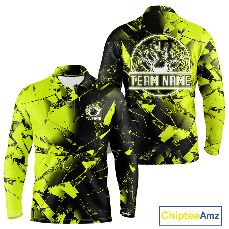Custom Broken Glass Black and Green Neon Bowling Shirts For Men, Bowling Team League Jerseys NQS11174