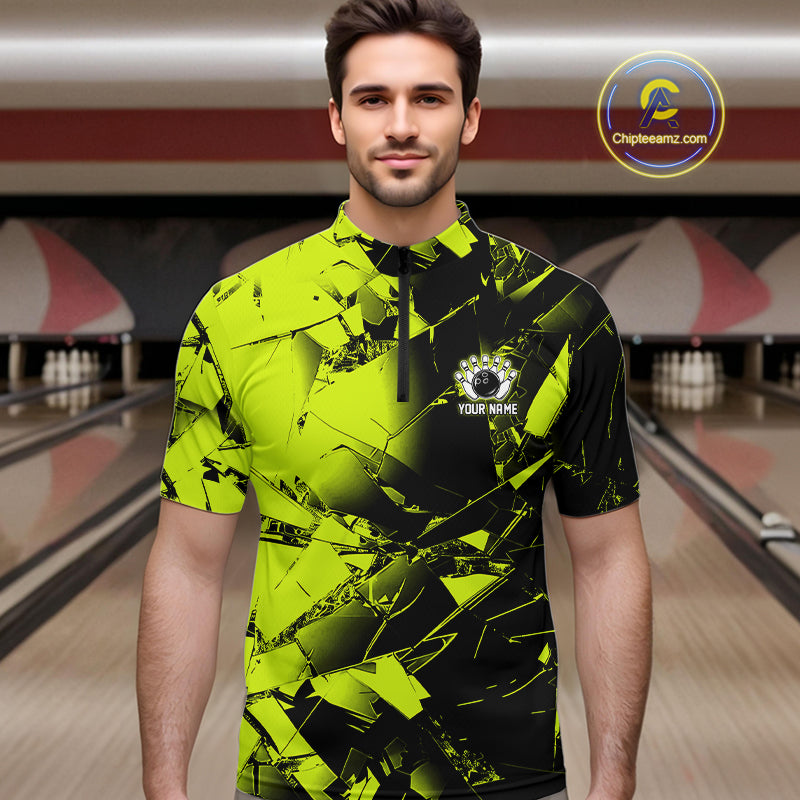Custom Broken Glass Black and Green Neon Bowling Shirts For Men, Bowling Team League Jerseys NQS11174