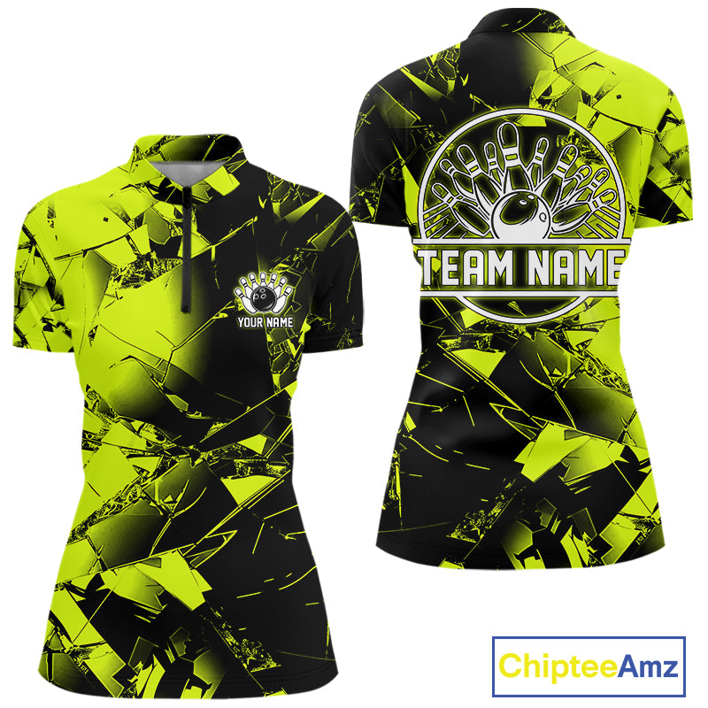Custom Broken Glass Black and Green Neon Bowling Shirts For Women, Bowling Team League Jerseys NQS11174