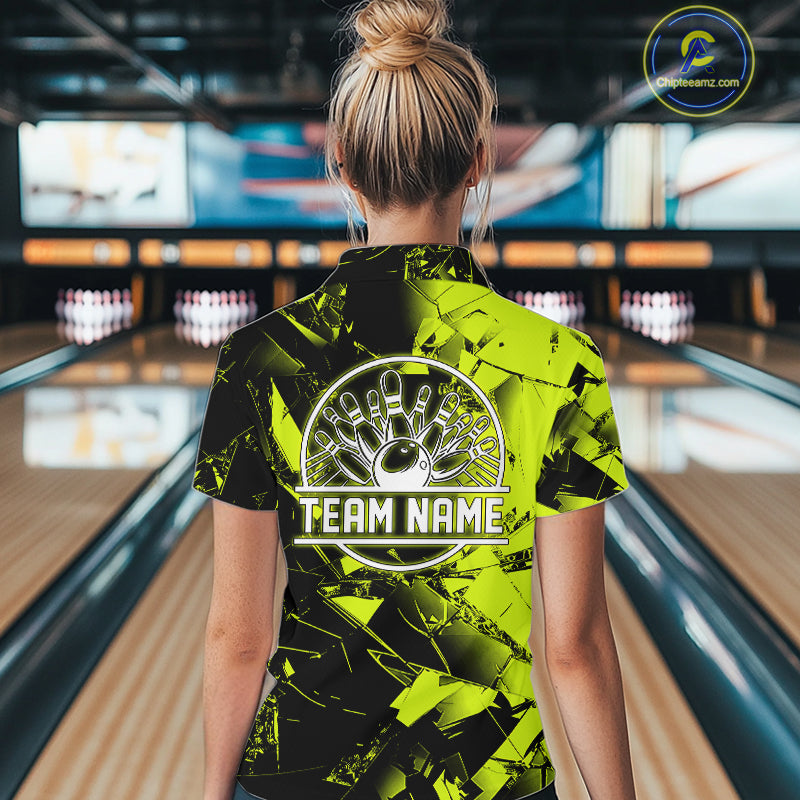 Custom Broken Glass Black and Green Neon Bowling Shirts For Women, Bowling Team League Jerseys NQS11174