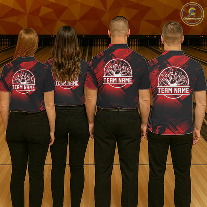 Black and Red Camo Bowling Polo, 1/4 zip Shirts For Men Custom Bowling Team League Jerseys NQS11175