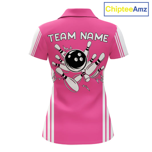 Custom Retro Pink Bowling Polo Shirts, Bowling 1/4 zip jersey For Women, Team Bowling League jerseys NQS11589