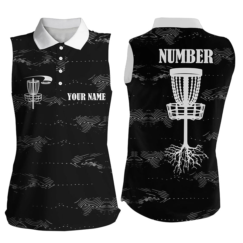 Black and white Women sleeveless disc golf polo shirt custom disc golf basket, personalized golf gifts NQS5856