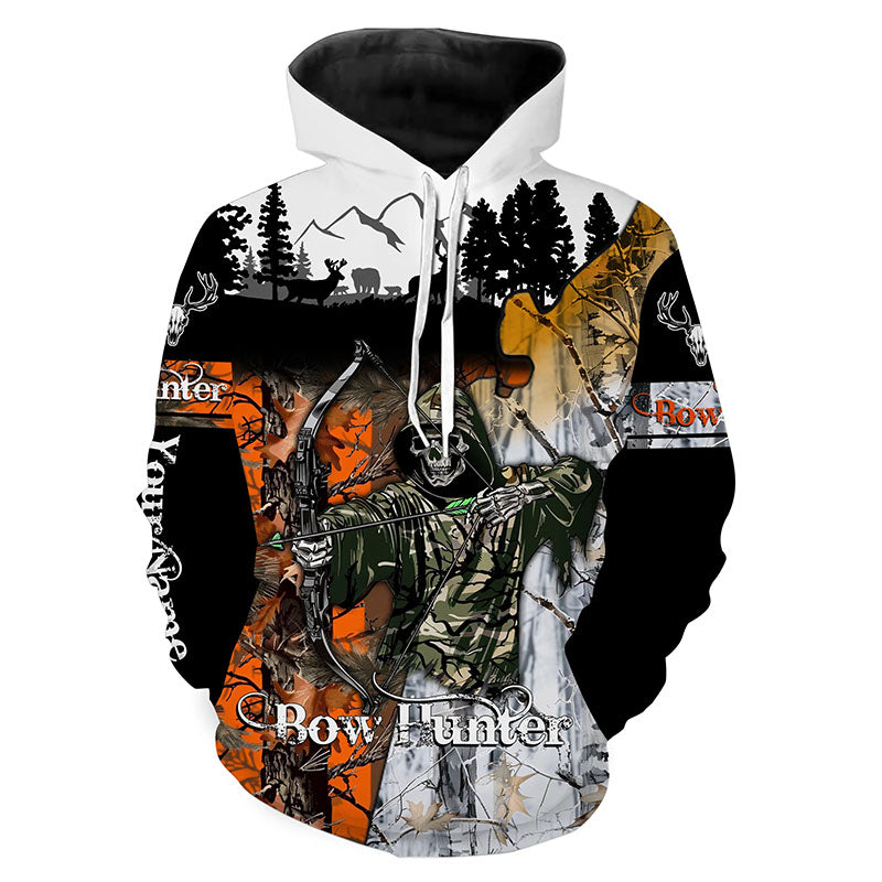 Bow Hunter Skull Orange and white tree Camo Deer Hunting Customize name 3D All over print shirts NQS666