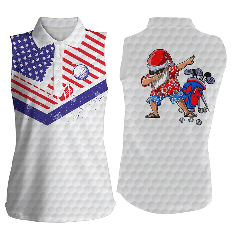 Funny Christmas Womens sleeveless polos shirts American flag patriotic Santa Golfer gifts NQS6514