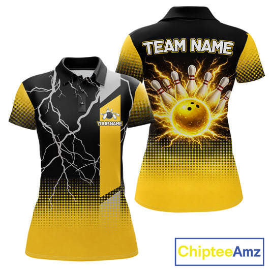 Personalized black & yellow bowling shirt for women lightning thunder custom bowling gifts for ladies NQS11377