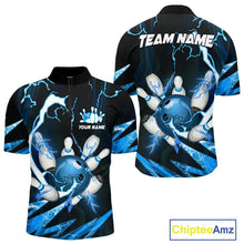Load image into Gallery viewer, Blue Thunder Lightning bowling ball and pins jerseys Custom Team Bowling Polo, 1/4 Zip Shirts For Men NQS9831