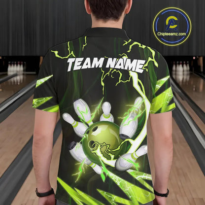 Green Thunder Lightning bowling ball and pins jerseys Custom Team Bowling Polo, 1/4 Zip Shirts For Men NQS9832