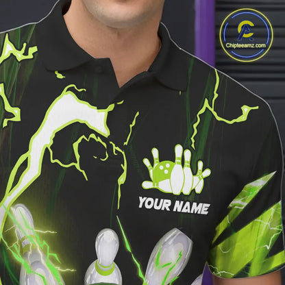 Green Thunder Lightning bowling ball and pins jerseys Custom Team Bowling Polo, 1/4 Zip Shirts For Men NQS9832