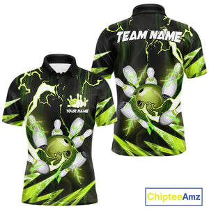 Green Thunder Lightning bowling ball and pins jerseys Custom Team Bowling Polo, 1/4 Zip Shirts For Men NQS9832