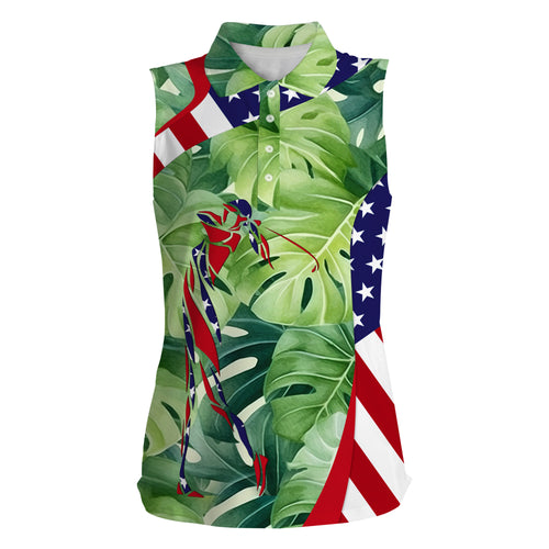 American flag patriot golf colorful green tropical Womens sleeveless polo shirts golf gifts for women NQS5641