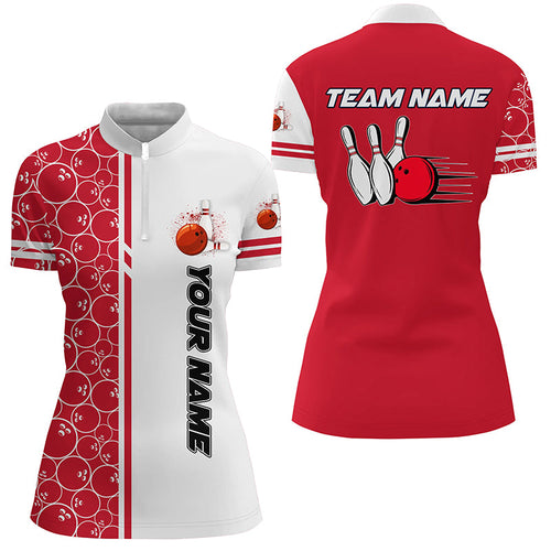 Women Bowling Polo, 1/4 Zip Shirt Custom white & red camo vintage bowling shirt, ladies bowling jersey NQS8177