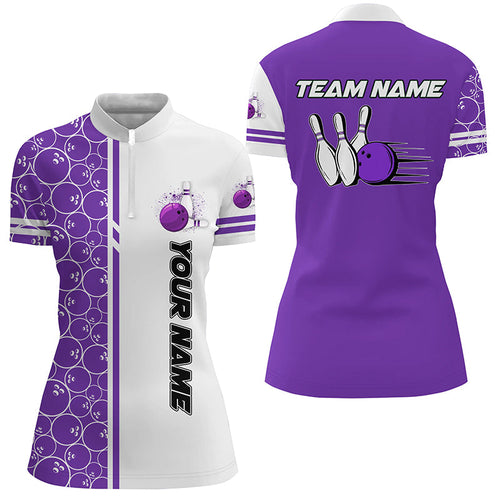 Women Bowling Polo, 1/4 Zip Shirt Custom white and purple camo vintage ladies bowling jerseys NQS8178