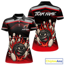 Load image into Gallery viewer, Black and Red Flame Funny Bowling Ball and Pins Bowling shirts for Women custom team bowling outfits NQS10985