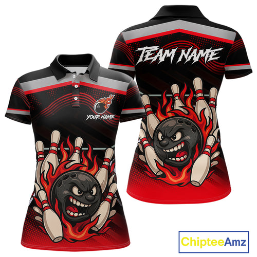 Black and Red Flame Funny Bowling Ball and Pins Bowling shirts for Women custom team bowling outfits NQS10985