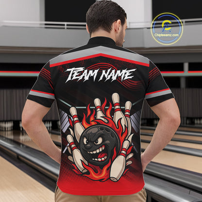 Black and Red Flame Funny Bowling Ball and Pins Bowling shirts for men custom team bowling outfits NQS10985