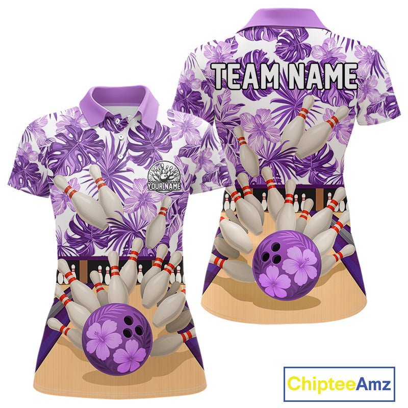 Purple tropical flower Bowling Polo, Quarter Zip Shirts For Women Custom bowling team jersey NQS10989
