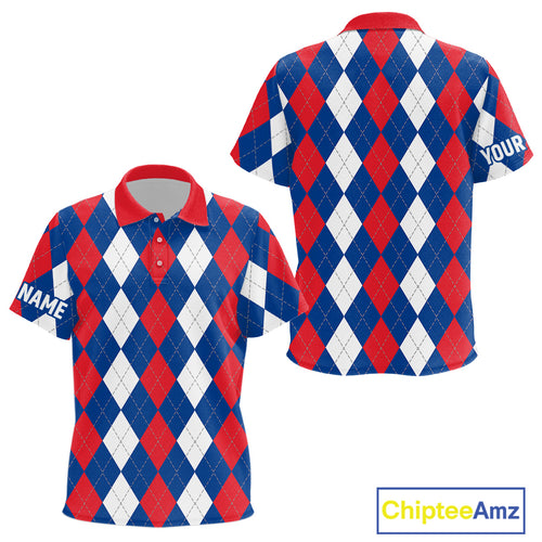 Kid golf polo shirts custom red, white and blue argyle plaid pattern golf attire for kid NQS9847