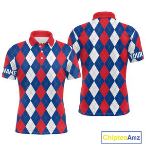 Mens golf polo shirt custom red, white and blue argyle plaid pattern golf attire for men NQS9847