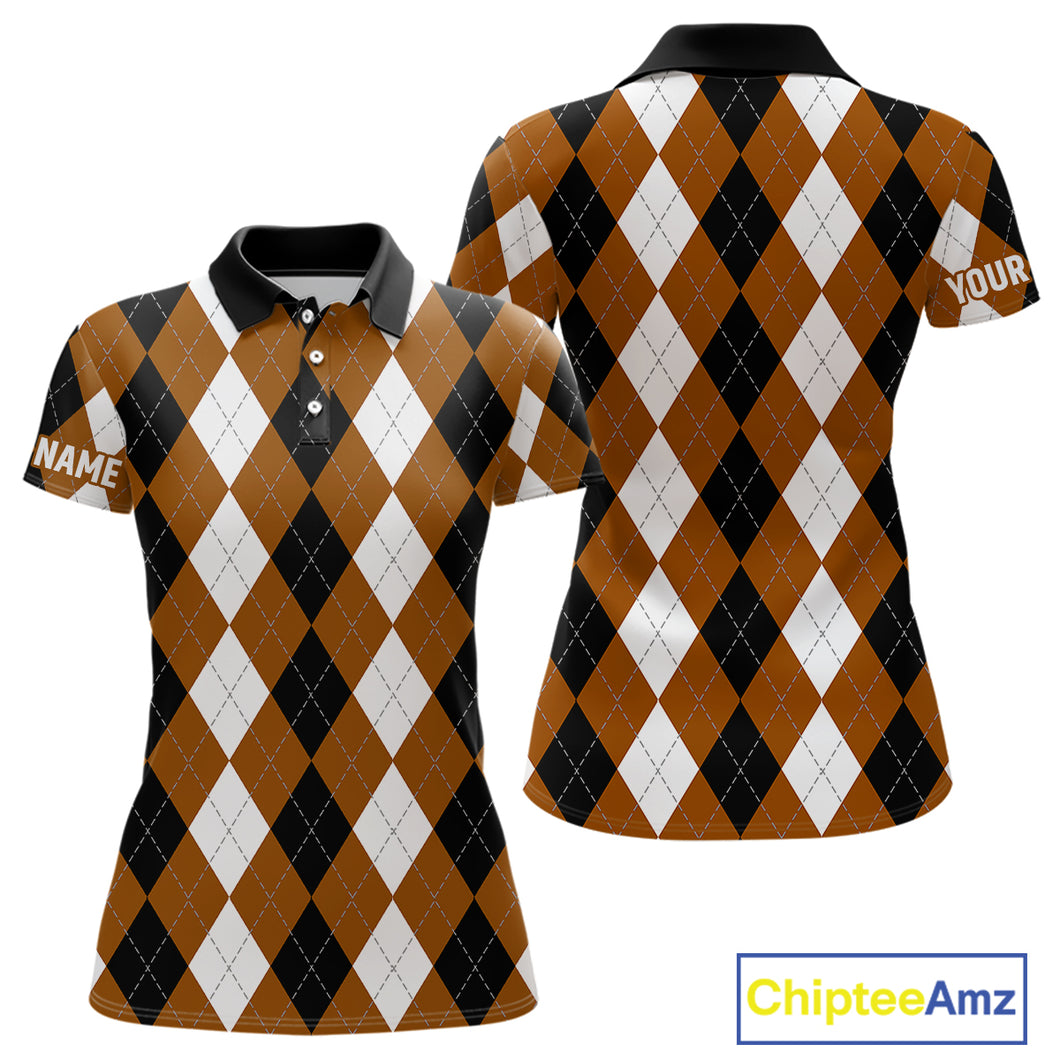 Women golf polo shirt custom brown argyle plaid pattern golf attire for ladies NQS9848