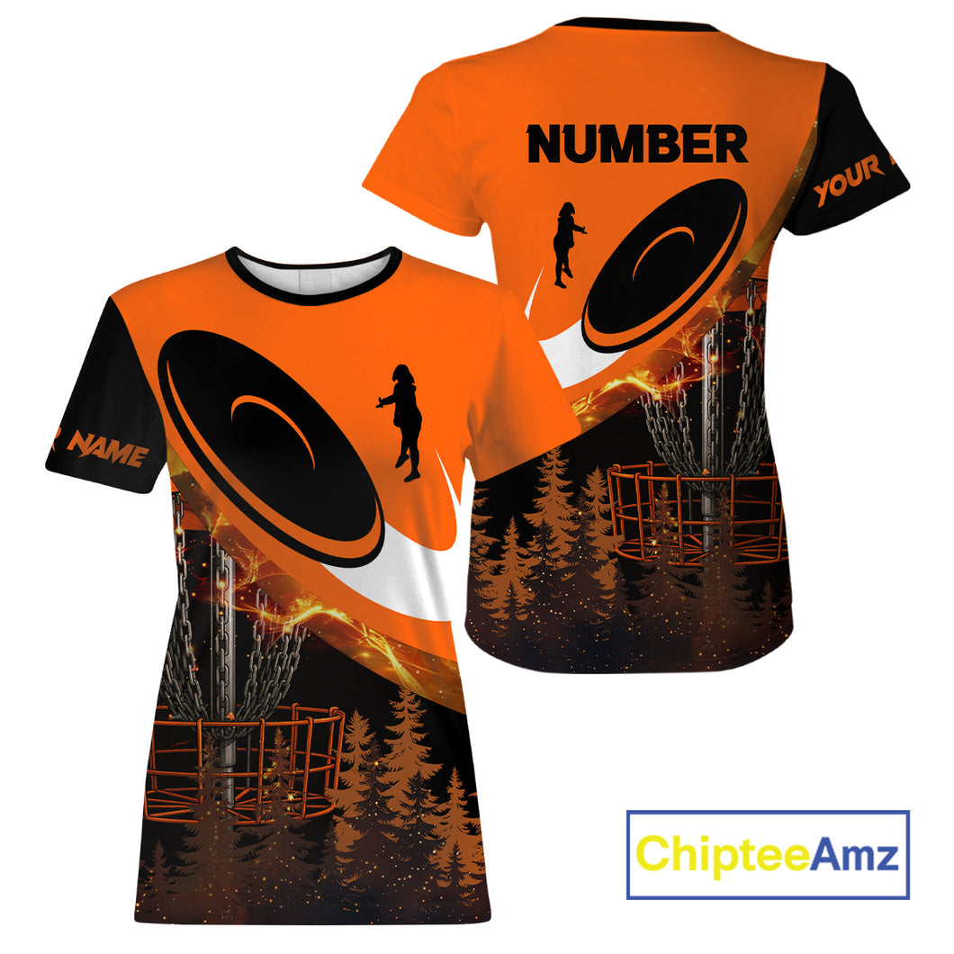 Black and Orange Disc golf T-Shirts For Women Custom Disc Golf basket forest tree, Disc Golfer Gift NQS10820