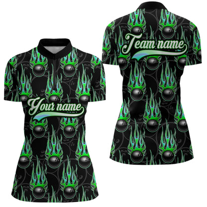 Black Bowling Ball Camo Green Flame Bowling Polo, 1/4 Zip Shirt for Women Custom Bowling Team Jersey NQS9479