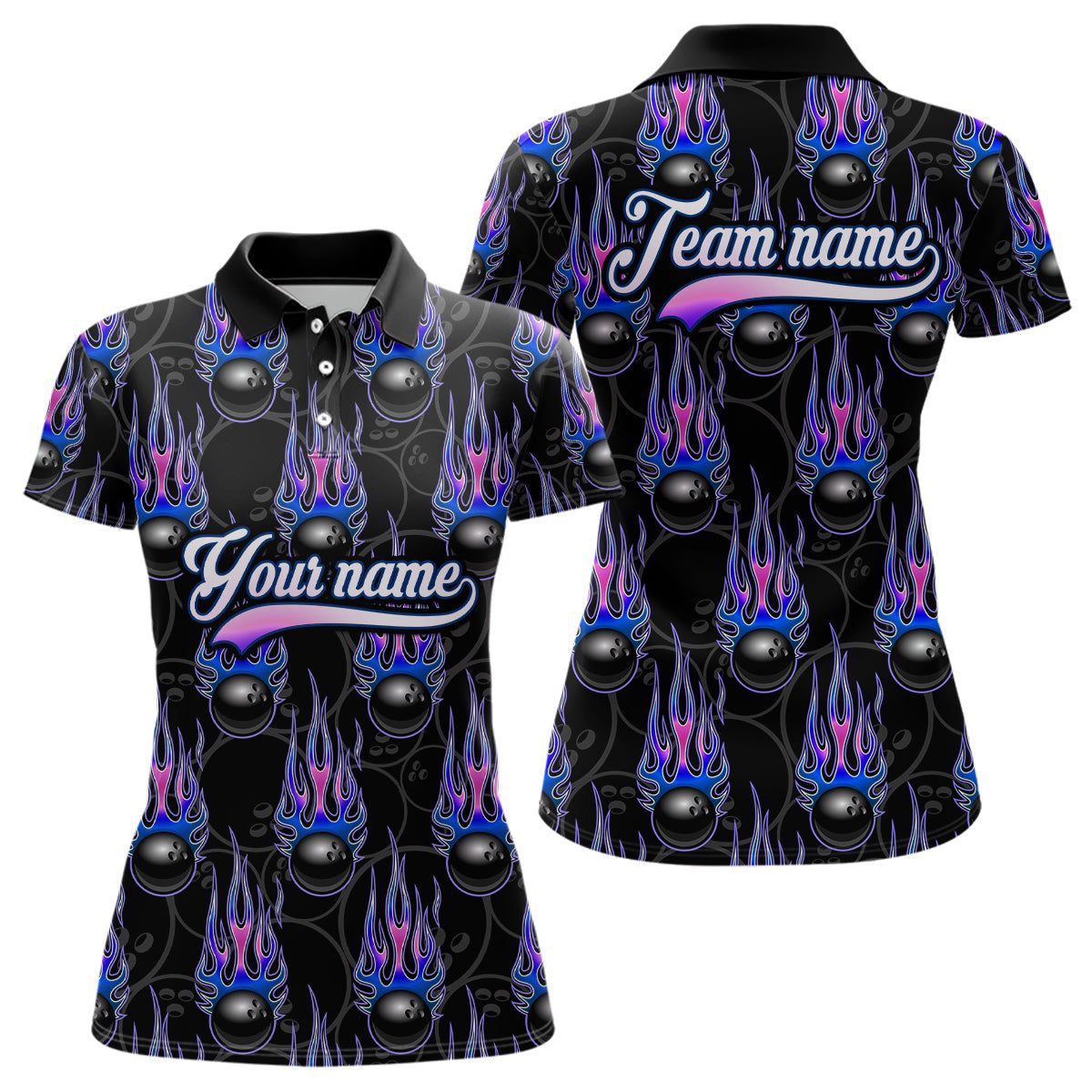 Black Bowling Ball Camo Blue Flame Bowling Polo, 1/4 Zip Shirt for Women Custom Bowling Team Jersey NQS9480