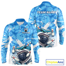 Load image into Gallery viewer, Blue Bowling Camo Angry Shark Bowling Polo, 1/4 Zip Shirts for Men Custom Shark Team Bowling Jerseys NQS11605