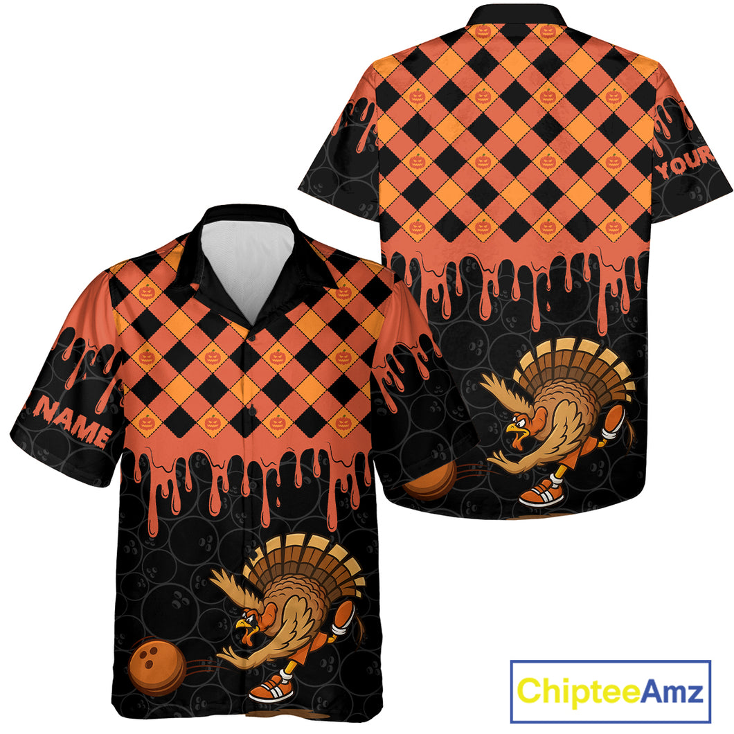 Funny Bowling Turkey Thanksgiving Bowling Hawaiian Shirt Orange Pumpkin Custom Team Bowling Jersey NQS10840