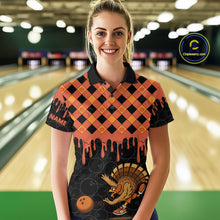 Load image into Gallery viewer, Funny Bowling Turkey Thanksgiving Womens Bowling Shirt Orange Pumpkin Custom Team Bowling Jersey NQS10840