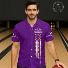 Load image into Gallery viewer, Yellow and Purple Retro American Flag Bowling Hawaiian Shirt Custom Patriotic Bowling Team Jerseys NQS11213