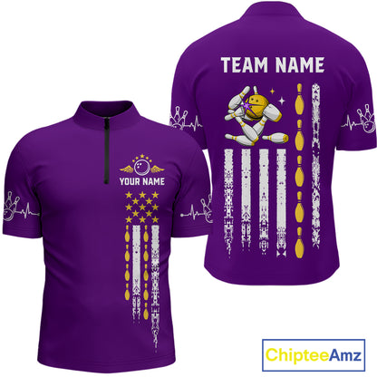Yellow and Purple Retro American Flag Bowling Shirts For Men Custom Patriotic Bowling Team Jerseys NQS11213