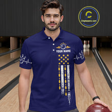 Load image into Gallery viewer, Yellow and Navy Blue Retro American Flag Bowling Shirts For Men Custom Patriotic Bowling Team Jerseys NQS11214