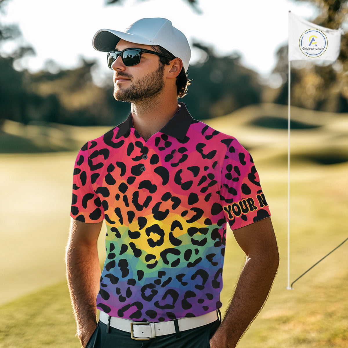 Custom Colorful rainbow pattern Mens golf polo shirt, Personalized animal print golf shirt outfit NQS10405