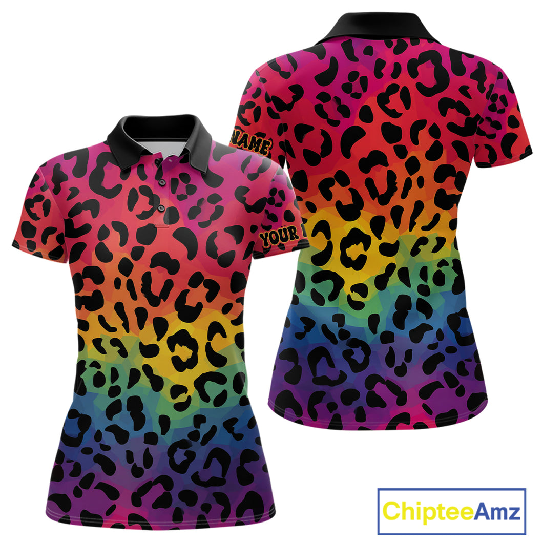Custom Colorful rainbow pattern Women golf polo shirt, Personalized animal print golf shirt outfit NQS10405