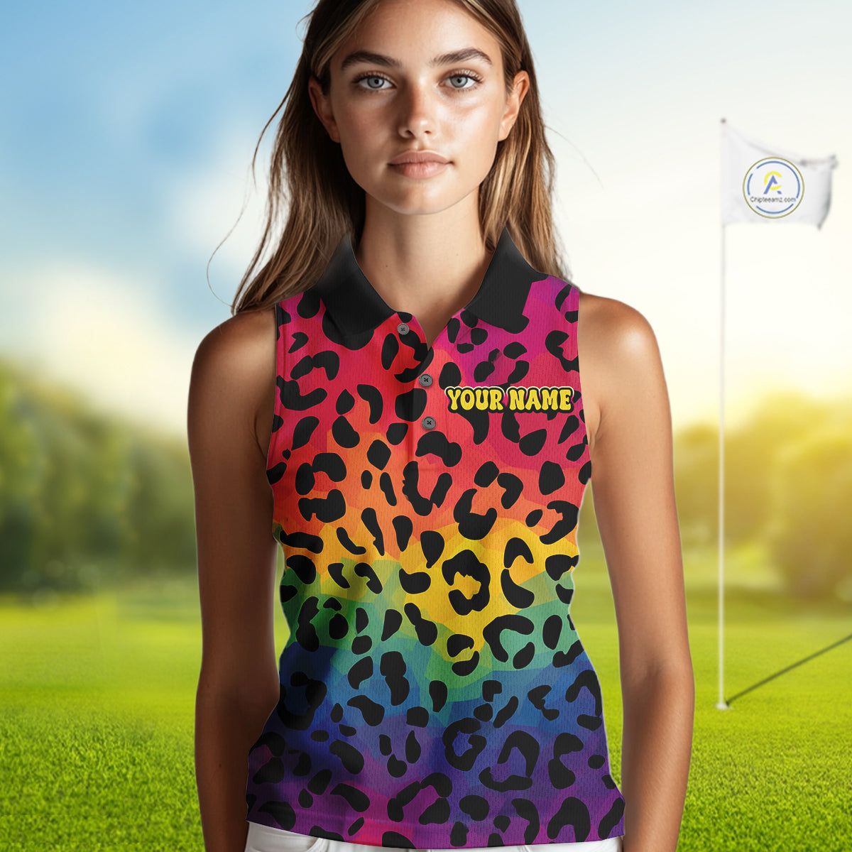 Custom Colorful rainbow pattern Women Sleeveless polo shirt, Personalized animal print golf outfit NQS10405