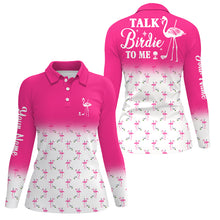 Load image into Gallery viewer, Funny Womens golf polo shirt custom pink and white flamingo golf shirts talk birdie to me NQS6118