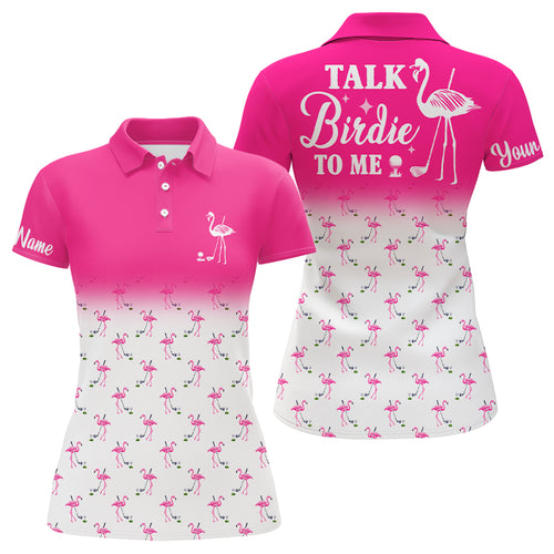 Funny Womens golf polo shirt custom pink and white flamingo golf shirts talk birdie to me NQS6118