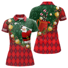 Load image into Gallery viewer, Christmas Santa Playing Golf Green and Red argyle pattern Womens golf polo shirts Custom golf outfits NQS8738