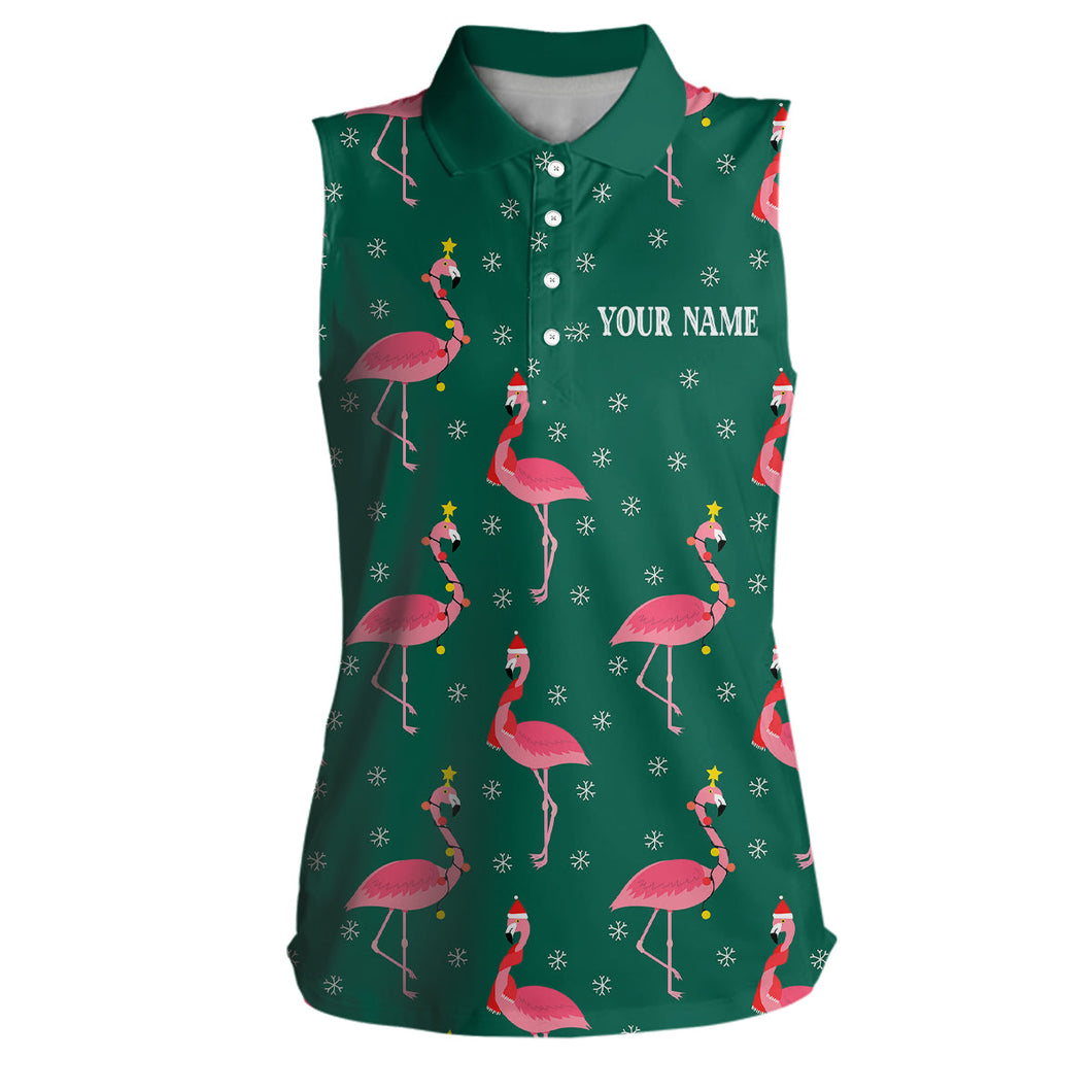 Pink Flamingo Christmas Snowflake Green Women sleeveless polo shirt custom gift for team golfer NQS8902