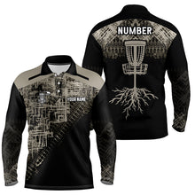 Load image into Gallery viewer, Beige Black Disc golf basket camo custom name &amp; number Men polo shirts, disco golf outfit for men NQS6130