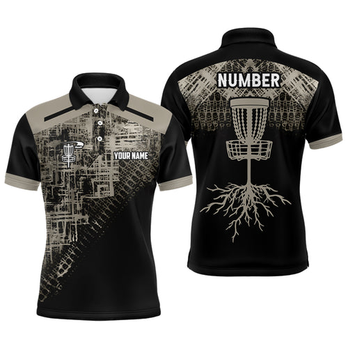Beige Black Disc golf basket camo custom name & number Men polo shirts, disco golf outfit for men NQS6130