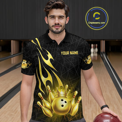 Black and Gold Flame Bowling Shirts For Men Custom Bowling Team League Jersey, Gift For Bowler NQS10439
