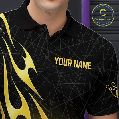 Black and Gold Flame Bowling Shirts For Men Custom Bowling Team League Jersey, Gift For Bowler NQS10439