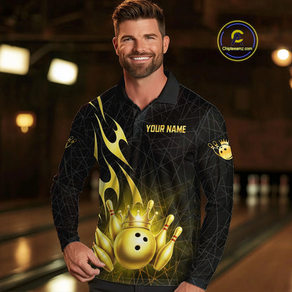 Black and Gold Flame Bowling Shirts For Men Custom Bowling Team League Jersey, Gift For Bowler NQS10439