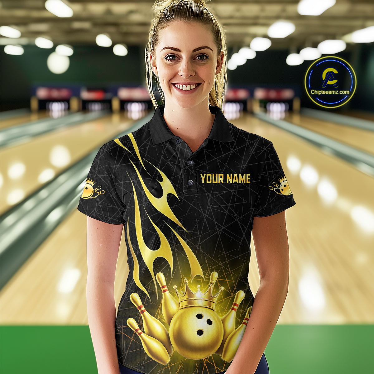 Black and Gold Flame Bowling Shirts For Women Custom Bowling Team League Jersey, Gift For Bowler NQS10439
