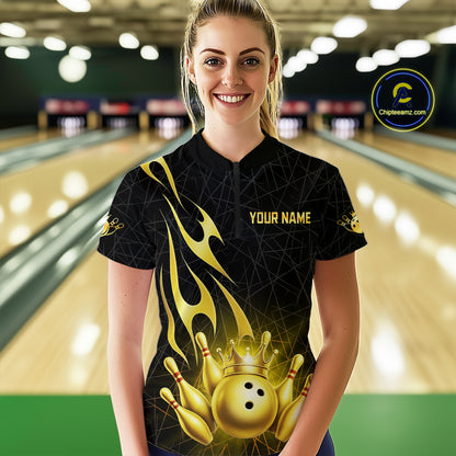 Black and Gold Flame Bowling Shirts For Women Custom Bowling Team League Jersey, Gift For Bowler NQS10439