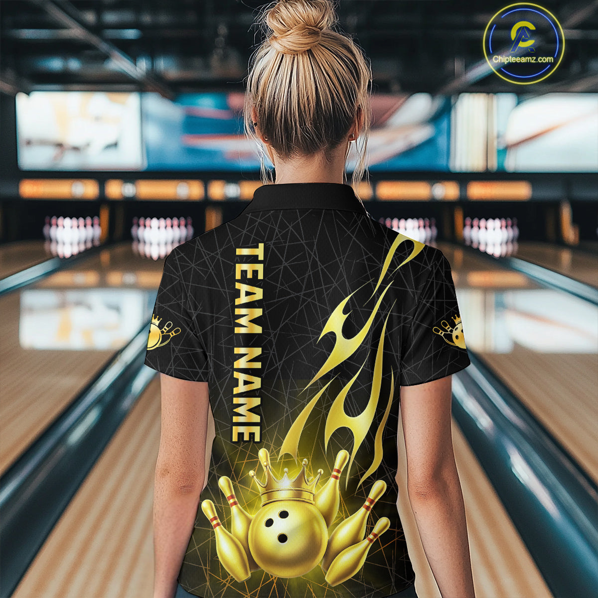 Black and Gold Flame Bowling Shirts For Women Custom Bowling Team League Jersey, Gift For Bowler NQS10439